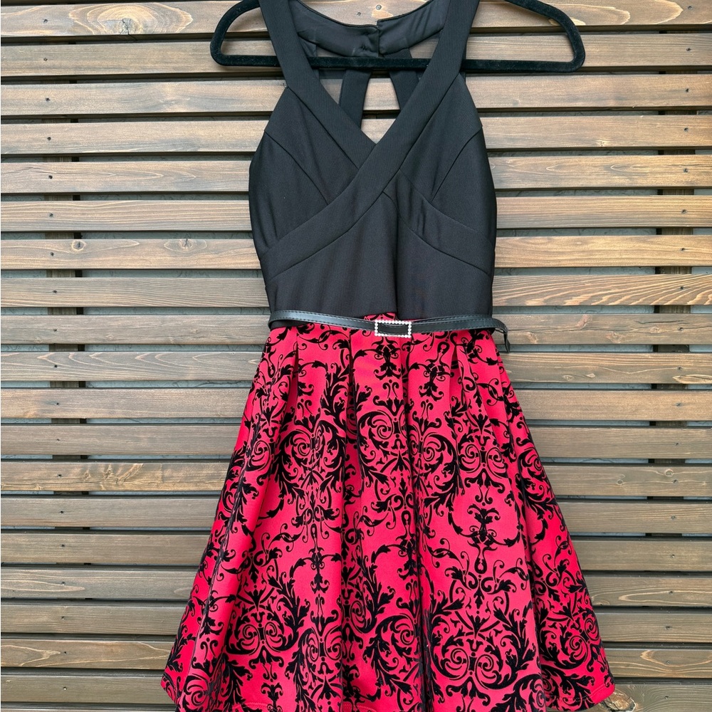 Christmas party, Holiday, NYE Black & Red Patterned Fit-and-Flare junior Dress